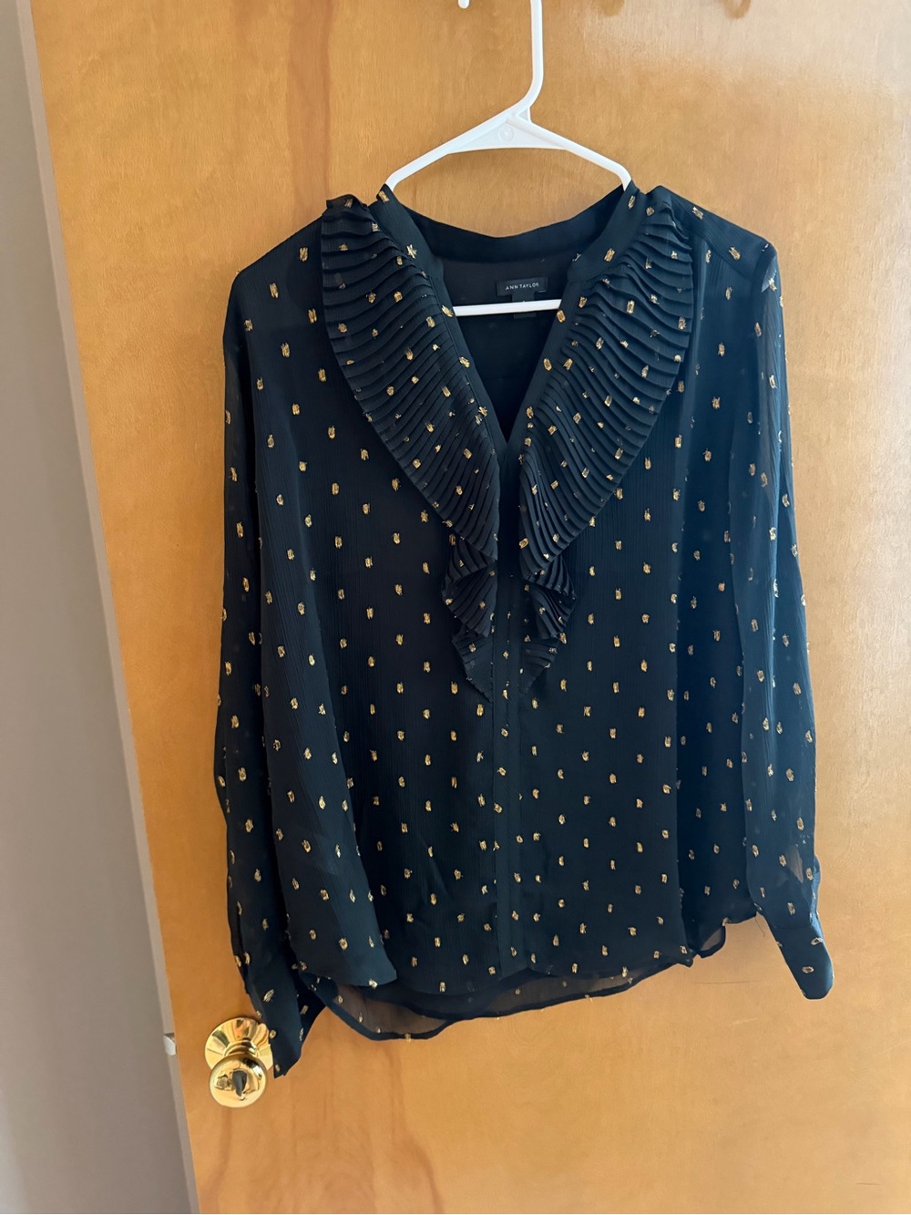 Ann Taylor Black Blouse with Gold Dot Accents and Pleated Ruffle V-Neck